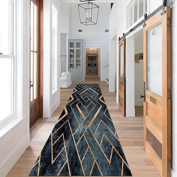 Navy Blue Gold Geometric Rug Runners for Hallways, 4x10ft, Modern Gold Line Indoor Carpet, Minimalist Art Durable Fade Resistant Rugs, Anti-Skid High Traffic Rugs for Kitchen LaundryRoom