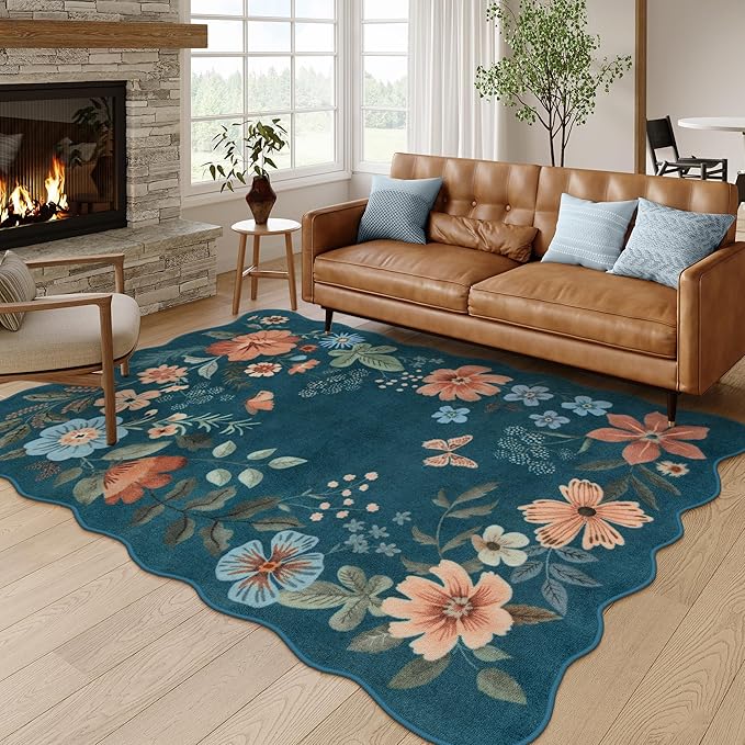Lahome Floral Washable Area Rug, Ultra-Thin Soft Non-Slip Stain Resistant Lightweight Boho Rug for Living Room, Bedroom, Dining Room, Office (5x7ft, Navy Blue)