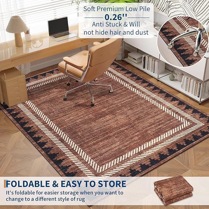 Modern Bordered 2x6 Kitchen Runner Rugs Non Slip Washable Geometric Non-Shedding Carpet for Entryway Hallway Foldable Soft Stain Resistant Low Pile Rug for Dining Room Bedroom, Brick Red