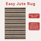 Tangsoo Stripe Easy Jute Rug 4x6 for Paito,Thin Non-Slip Indoor Outdoor Black Door Carpet,Washable Farmhouse Throw Mat for Front Porch Kitchen Bedroom Foyer