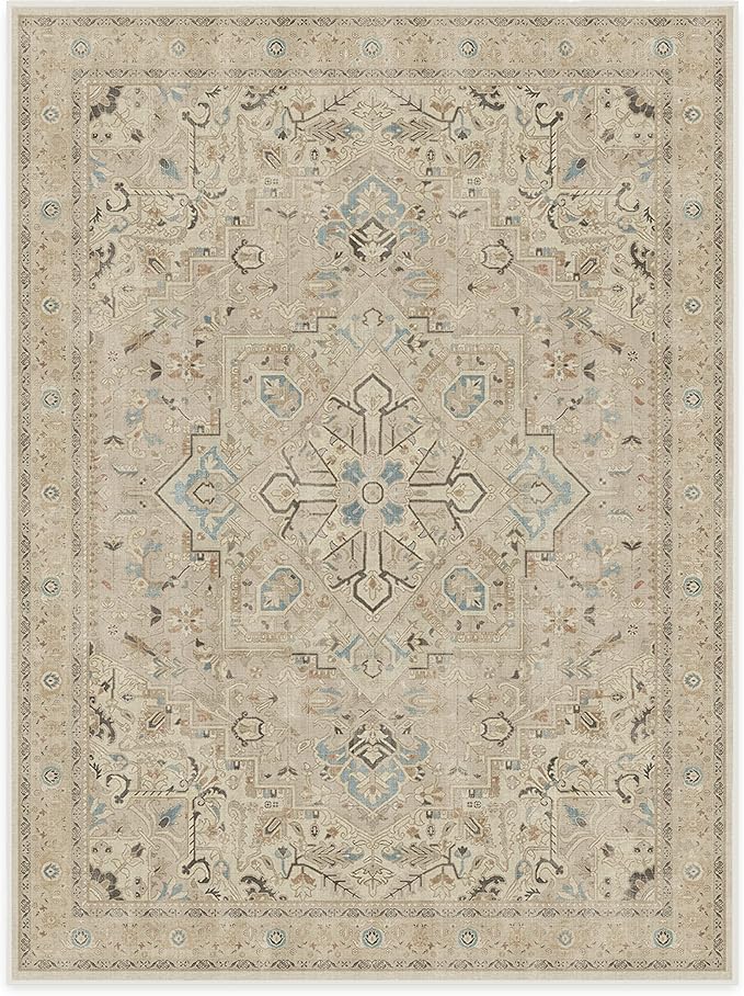 RUGGABLE Washable Vintage Area Rug – Kamran Ivory Opal 9x12, Stain-Resistant, Non-Slip – Large Machine Washable Rugs for Living Room, Bedroom, Hallway, Entryway & Office–with Standard Pad