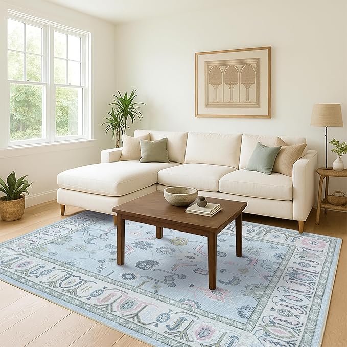 Fame Living Faded Oushak Rug, Turkish Vintage Floral Pastel Large Oversized Area Rugs for Living Room Dining Bedroom Kitchen Bathroom Nursery (854CrBl, 2'5" x 6'6")