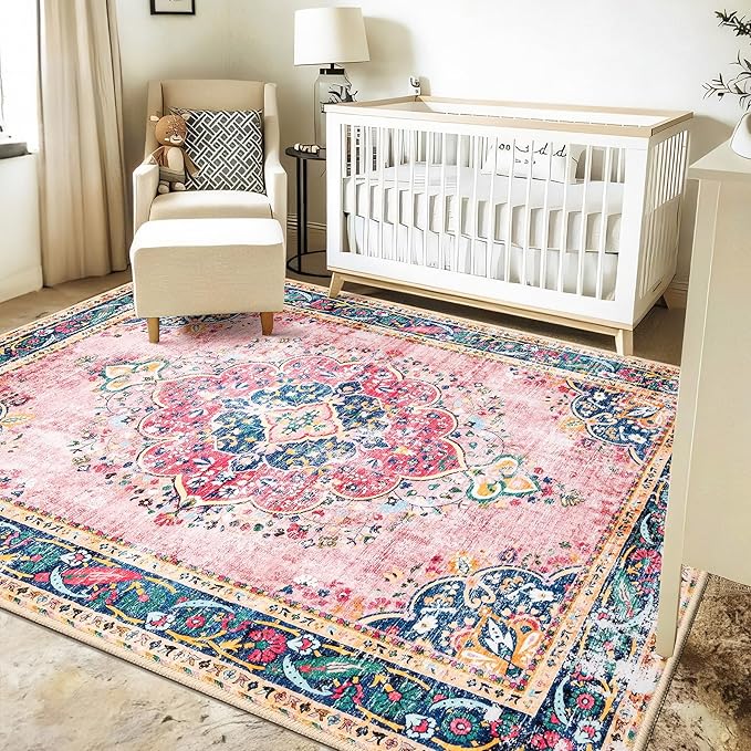 Area Rug 6x9 for Living Room Pink Boho Rug Vintage Rug Non-Slip Washable Low Pile Foldable Large Rugs for Bedroom Dining Room Indoor Floor Carpet