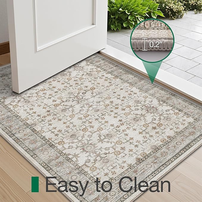 LUMI Indoor Thin Door Mat, 32x47 Washable Small Inside Doormat, Non Slip Low Pile Oriental Floor Carpet, Vintage Distressed Area Rug for Front Door,Entrance,Bedroom, Celadon
