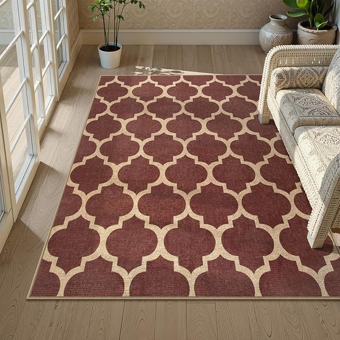 Lahome Moroccan Outdoor Rug 5x7, Easy Jute Red Washable Rugs for Patio Living Room Outdoor Decor, Geometric Woven Area Rug Non Slip for Backyard, Thin Farmhouse Carpet for Bedroom Dining Room