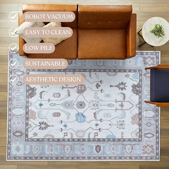 Fame Living Cream Grey Oushak Rug, Modern Small Rugs, Vintage, Turkish, Eclectic, Floral, Pastel, Washable, Door Mat, Doormat for Indoor Entrance, Entryway, Kitchen, Bathroom, Bedroom, Laundry, 2'x3'.