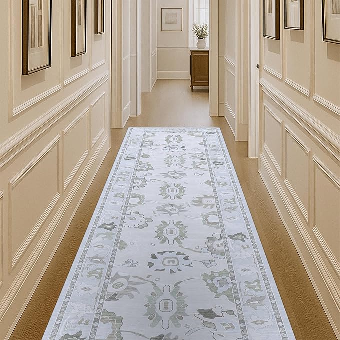 Fame Living Cream Beige Oushak Runner Rug, Modern Runners, Turkish, Eclectic, Floral, Pastel, Washable, Long Runner Rugs for Hallway, Kitchen, Living Room, Bedroom, Kitchen, Bathroom, 2'5"x13'
