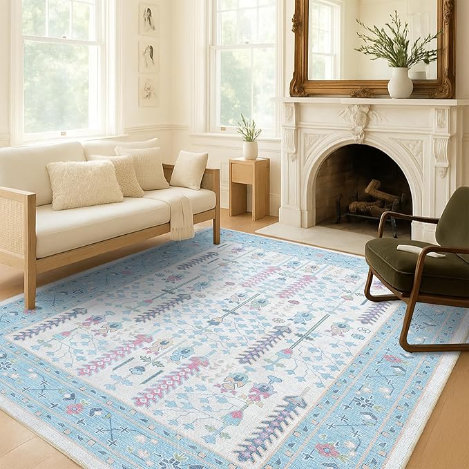 Fame Living Cream Blue Oushak Rug, Modern Small Rugs, Vintage, Turkish, Eclectic, Floral, Pastel, Washable, Door Mat, Doormat for Indoor Entrance, Entryway, Kitchen, Bathroom, Bedroom, Laundry, 2'x3'