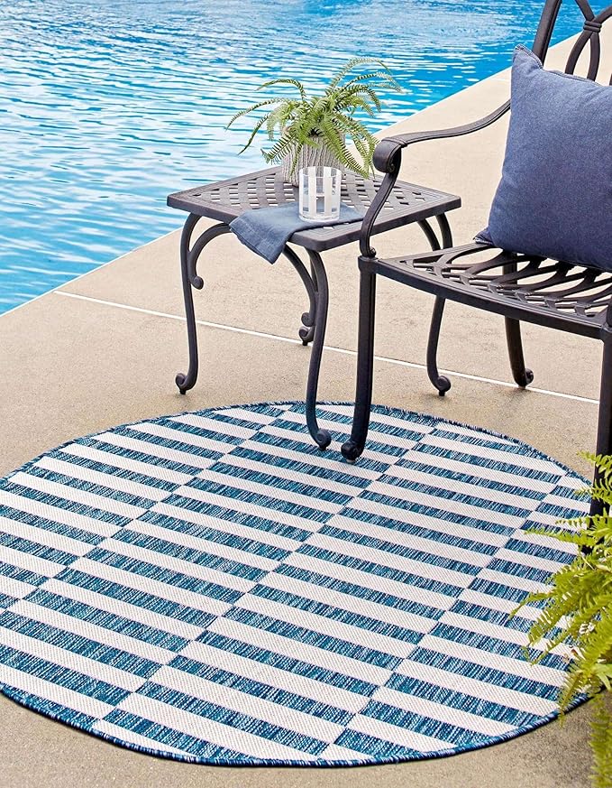 Unique Loom Outdoor Striped Collection Area Rug - Striped (10' Round Blue/Ivory)
