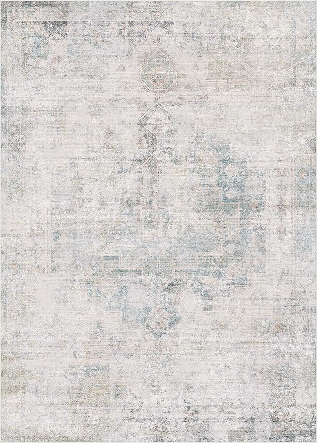 Modern Farmhouse Area Rug for Living Room - 10x14 Blue Gray Big Rug for Dining Room Table, Lightweight Foldable Low Pile Washable
