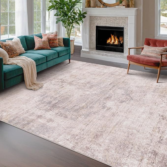 Pink and Grey 6x8 Living Room Rug, Morden Washable Area Rug for Bedroom, Non Slip Carpet for Dinning Room Under Table, Medallion Distressed Print Pattern