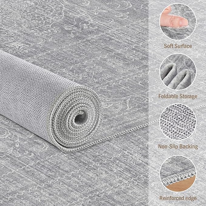8ft Round Rug Living Room: Washable Large Vintage Rug Neutral Non-Slip Soft Stain Resistant Indoor Carpet for Bedroom Nursery Dining Room Under Table Bed Home House Office Playroom - Grey