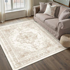 Area Rug 4x6 Cream Washable Office Entryway Vintage Medallion Beige Carpet Non Slip Retro Indoor Mat Low Pile Soft Distressed Small Rug for Bedroom Kitchen Laundry Dining Room