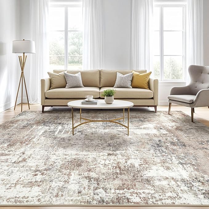 10x12 Area Rug Living Room: Washable Large Abstract Modern Soft Rugs Stain Resistant Indoor Floor Non Slip Accent Carpet for Bedroom Nursery Playroom Office Dining Room Dorm Home House- Brown