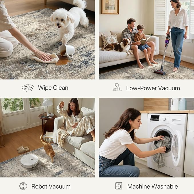 GENIMO Washable 5x7 Area Rugs for Living Room, Non Slip Modern Abstract Rug, Machine Washable Stain Resistant Low Pile Soft Carpet for Bedroom, Dining, Office, Grey Beige