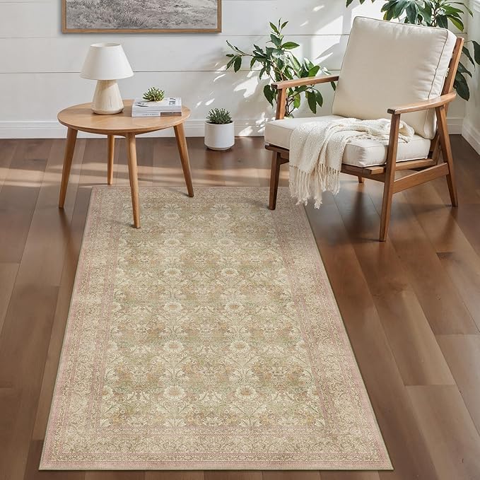Bavni 3x5 Vintage Floral Rug, Washable Non Slip Area Rug for Entryway, Bedroom, Kitchen or Living Room, Low Pile Carpet, Brown Pink