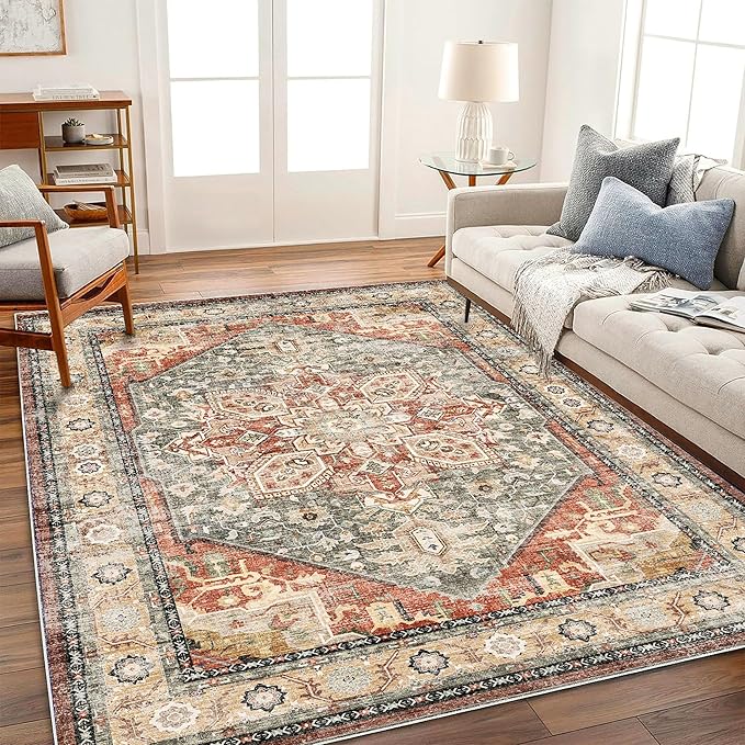 Washable Area Rug 10'x14' Red Khaki Retro Flowers Boho Design Non-Shedding Easy Care Ideal for High Traffic Areas in Living Room Bedroom Office Coffee Table Kitchen Large Carpet