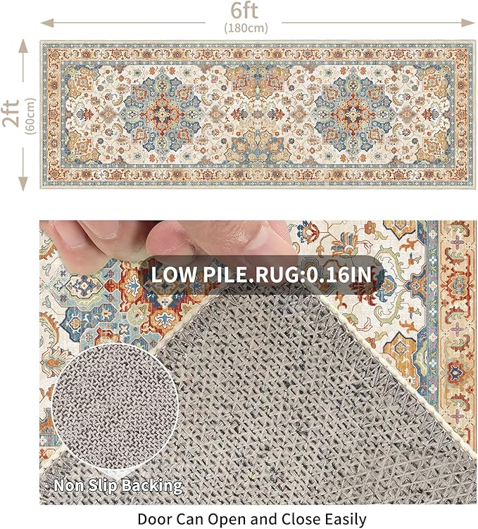 Enkor Runner Rugs for Hallway, 2x6 Washable Soft Non Slip Floor Rugs for Kitchen, Modern Mat for Living Room Bedroom Entryway Orange & Beige