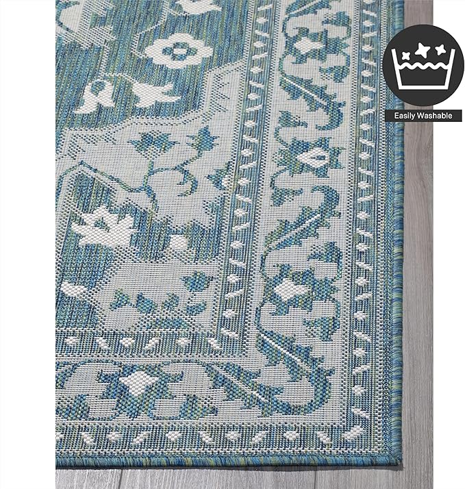 FH Home Flat Woven Outdoor Rug - Waterproof, Easy to Clean, Stain Resistant - Premium Polypropylene Yarn - Vintage - Patio, Deck, Porch, Balcony, Laundry - Shiraz - Ocean - 3ft 11 in x 5ft 6in