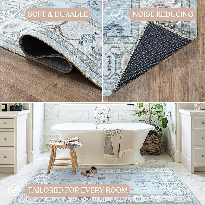 Fame Living Cream Blue Oushak Rug, Modern, Vintage, Turkish, Eclectic, Floral, Pastel, Washable, Area Rugs for Living Room, Dining, Bedroom, Nursery, Girls, Boys, 5'9"x8'9"
