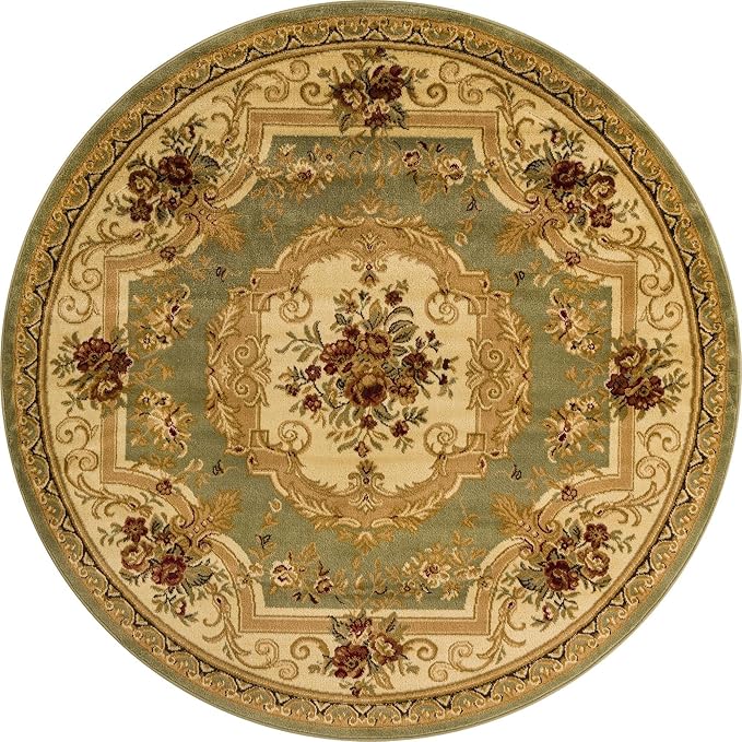 Rugs.com Chateau Collection Rug – 6 Ft Round Green Medium Rug Perfect for Kitchens, Dining Rooms