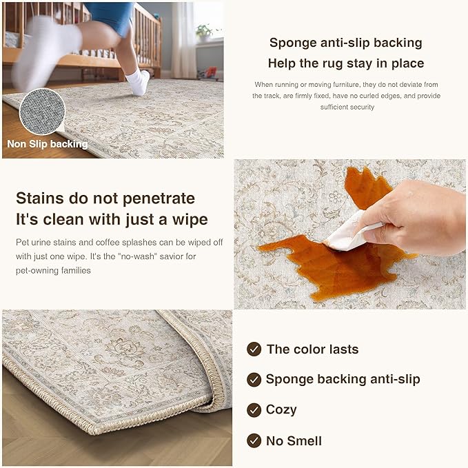 HUGEAR 5x7 Machine Washable Area Rugs Vintage Grey - Neutral Living Room Bedroom Rug Non Slip Stain Resistant Low Pile Aesthetic Throw Carpet Kids & Pet Friendly