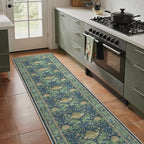 Bavni 2'6''x10 Runner Rug,Microfiber Washable Non-Slip Vintage Floral Rugs,Low Pile Lightweight Carpet for Bedroom,Hallway,Entryway,Kitchen,Bathroom, Tea Green/Blue