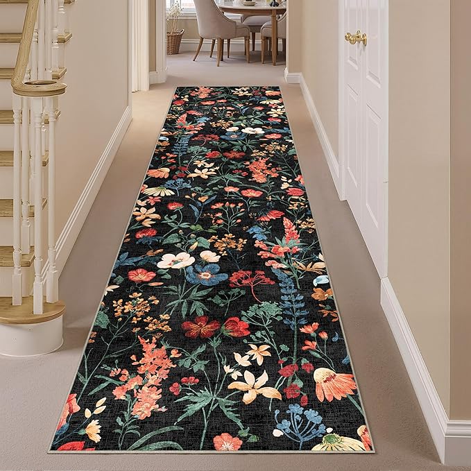 Floral Runner Rug 2x10 Washable Hallway Long Black Bedroom Carpet Non Slip Indoor Boho Kitchen Low Pile Accent Rug Lightweight Soft for Bathroom Dining Laundry Living Room