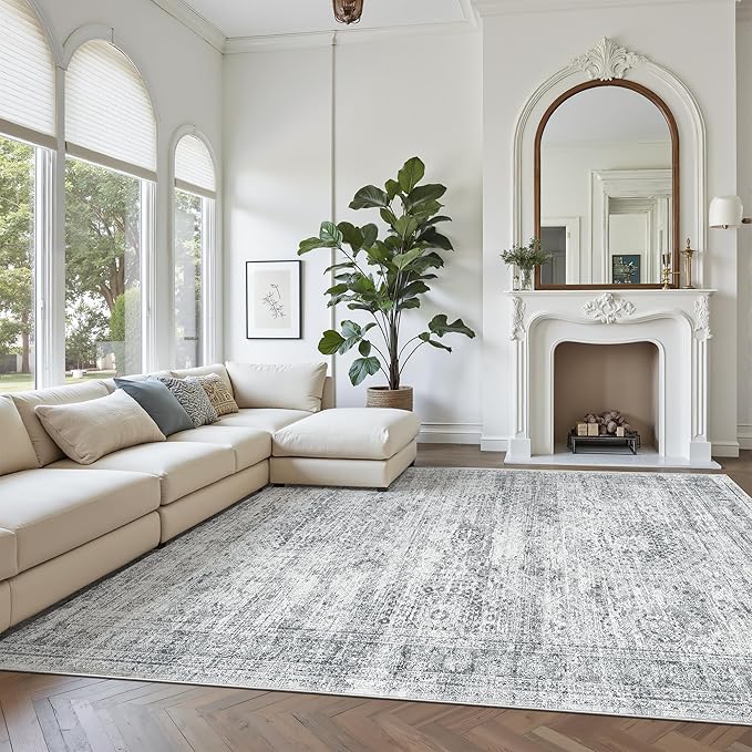 9x12 Area Rugs for Living Room, Non Slip Machine Washable Vintage Rugs, Low Pile Lightweight Large Rug for Bedroom, Dining Room, Home Office Grey