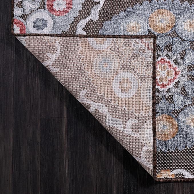 CAMILSON Indoor Outdoor Rug 9x12 Bohemian Medallion Floral Area Rugs for Indoor and Outdoor Patios Easy-Cleaning Non-Shedding Living Room Garden and Kitchen Washable Outside Carpet (9 x 12 / Brown)
