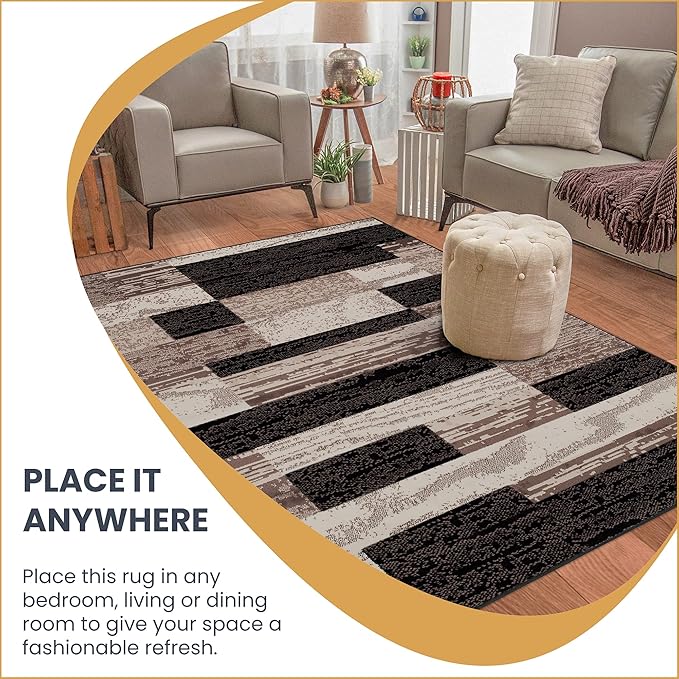 Superior Indoor Area Rug, Foam Backed, Modern Geometric Patchwork Floor Decor for Bedroom, Office, Living Room, Entryway, Hardwood Floors, Rockwood Collection, 10' x 14', Chocolate