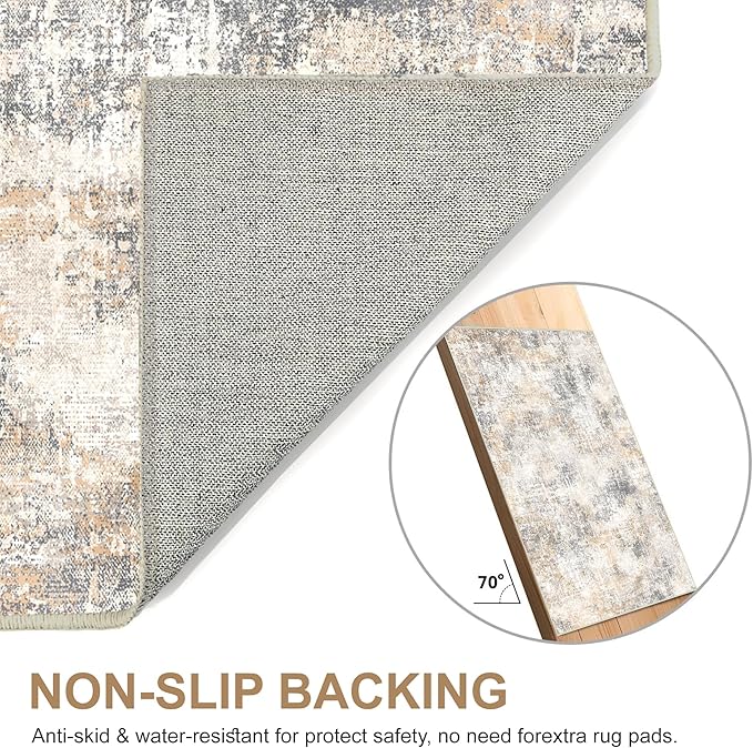 Bavni 9x12 Area Rugs Machine Washable Rug for Living Room, Modern Printed Rug Indoor Soft Area Rug for Bedroom Dining Room, Ultra-Thin Low Pile Carpet with Non Slip Rubber Backing, Beige Gray