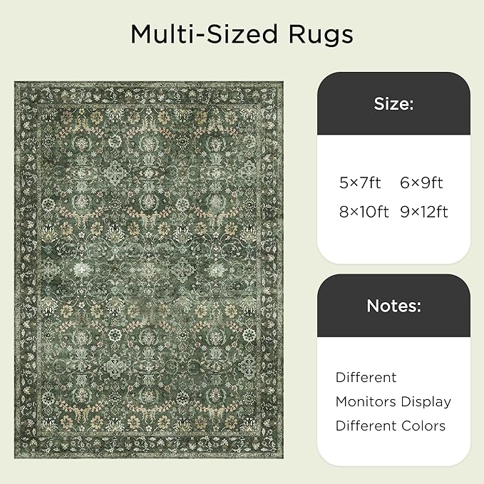 5X7 Area Rugs for Living Room, Soft Rugs Green Washable Rug, Indoor Vintage Rugs for Bedroom Home Office Laundry, Rubber Backed Non Slip Low Pile Carpet, Dark Olive Green