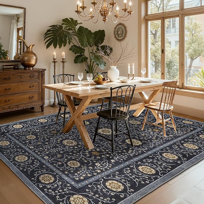 GarveeHome Boho 5x7 Area Rug for Bedroom, Floral Vintage Rugs for Living Room with Soft Low Pile, Non Slip Botanical Washable Rugs 5x7 for Dining Room Blue Carpet for Entryway Dorm Office Playroom
