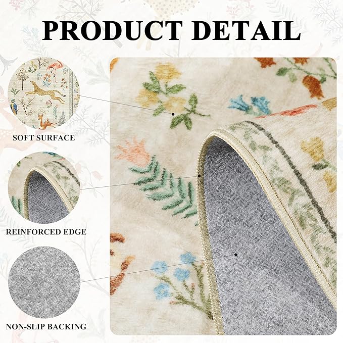DUKINO 2x4 Rug for Hallway, Washable Kitchen Runner Rug with Non Slip Backing, Soft Low Pile Vintage Animal Runner for Bedroom, Kitchen, Hallway, Entryway, Laundry, Beige