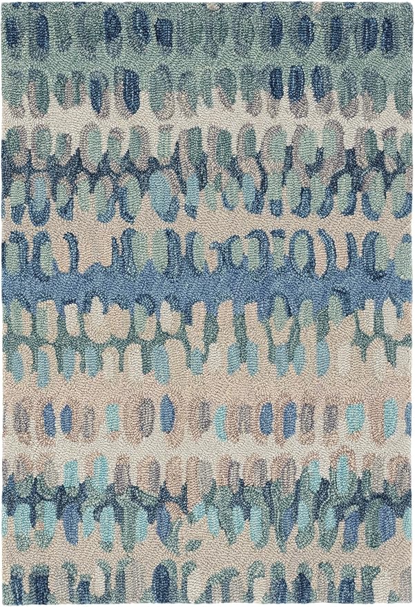Dash & Albert Paint Chip Stone Hand Micro Hooked Wool Rug, 9.5 X 13.5 Feet, Blue/Green Geometric Pattern