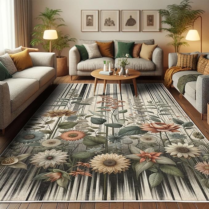 Ambesonne Botanical Decorative Rug, Nostalgic Garden Pattern with Flowers and Leaves on Retro Stripes, Quality Carpet for Bedroom Dorm and Living Room, 5' 1" X 7' 5", Sage Green and Salmon