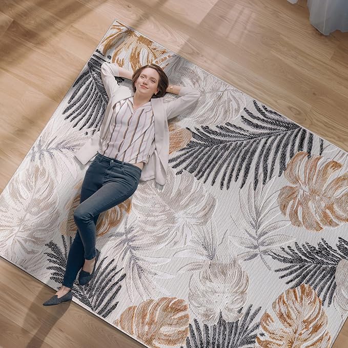 CAMILSON Indoor Outdoor Rug, Yellow 7’10”x10’ Leaf Tropical Botanical Area Rugs for Indoor and Outdoor patios, Easy-Cleaning Non-Shedding Living Room Garden and Kitchen Washable Outside Carpet (8x10)