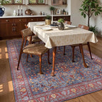 Washable Area Rug 6' x 9' Vintage Traditional Persian Mat - Foldable Distressed Non-Slip Machine Washable Carpet for Living Room Bedroom Kitchen Home Decor - Indigo and Crimson