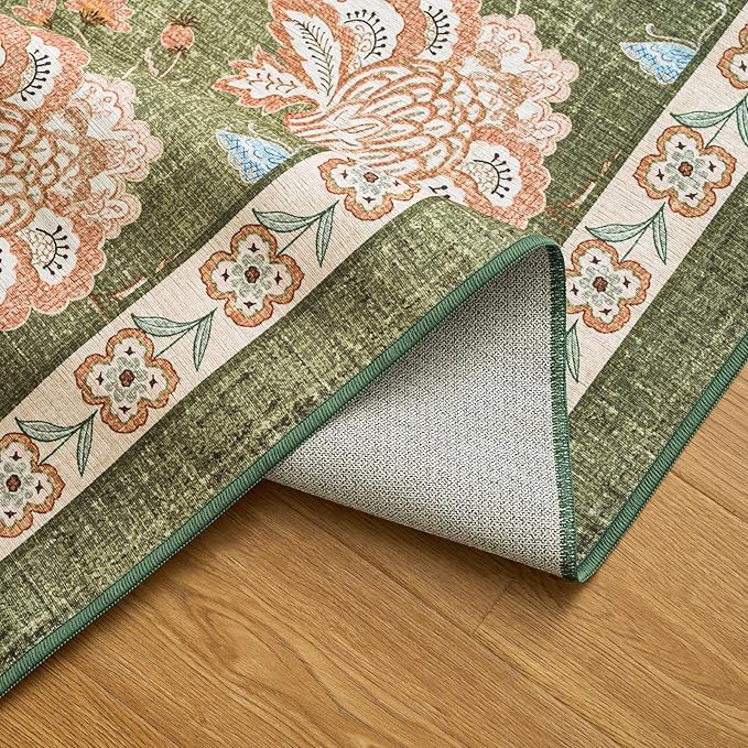 jinchan Elora 2x5 Floral Runner Rug for Hallway Washable Kitchen Runner Vintage Romance Design Non Slip Thin Indoor Floor Cover Low-Profile Throw Carpet for Entryway Bathroom Bedroom Porch, Green