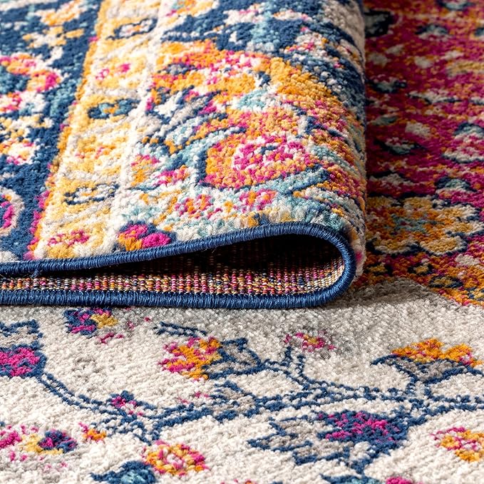 JONATHAN Y Boho Vintage Blue/Multi 7' Round Area Rug, Bohemian Flair Medallion, Floral Easy-Cleaning High Traffic for Living Room, Bedroom, Kitchen, Pet-Friendly, Non Shedding (BMF106A-7R)