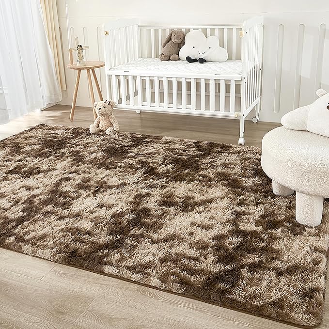 Andency 8x10 Area Rugs for Living Room, Upgrade Non-Slip Fluffy Soft Large Shag Bedroom Carpet, Tie-Dyed Brown Big Indoor Thick Nursery Rug for Kids Dorm Home Decor Aesthetic
