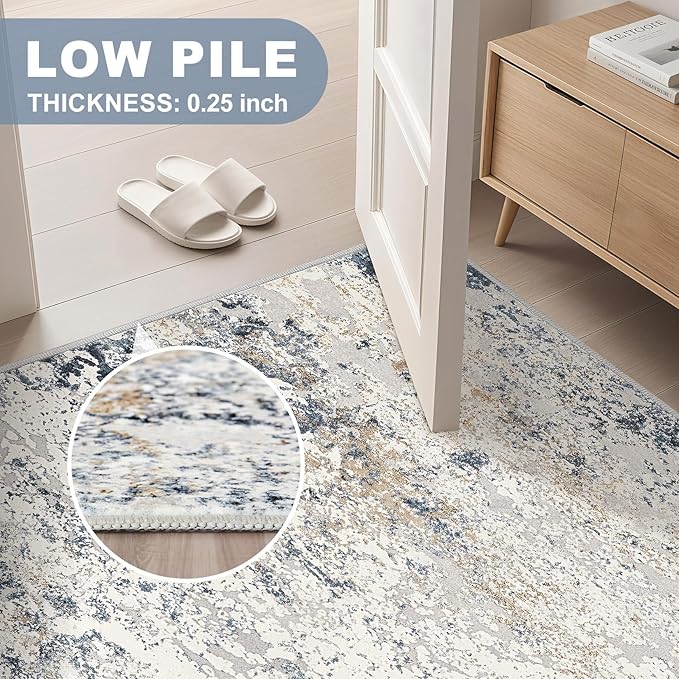 Washable Runner Rug for Hallway: 2.6x14 Neutral Modern Abstract Low Pile Area Rug with Non-Slip Backing - Carpet for Bedroom Kitchen Laundry Entryway Bathroom Indoor - Beige Blue