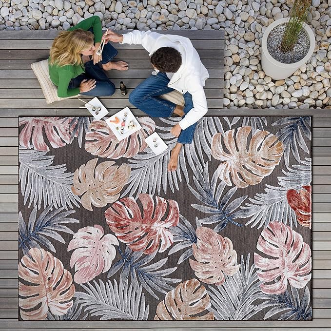 CAMILSON Indoor Outdoor Rug, Brown 6’x9’ Leaf Tropical Botanical Area Rugs for Indoor and Outdoor patios, Easy-Cleaning Non-Shedding Living Room, Garden and Kitchen Washable Outside Carpet (6x9)