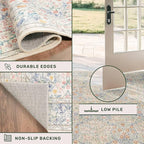 7x10 Washable Rug for Living Room - Stain Resistant Dining Room Rugs for Under Table, Soft Low Pile Large Carpet for Bedroom - Vintage Floral Non-Slip (Beige Blue)