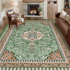 Luxury 8' x 10' Green Washable Area Rugs, Boho Low Pile Easy Clean Non-Slip Rug, Floral Medallion Pattern Vintage Rugs for Living Room, Dinning Room, Office, Bedroom, Bathroom, Laundry Room, Farmhouse