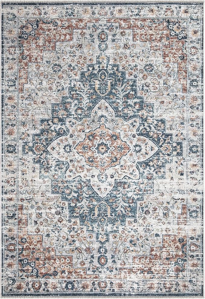 Bloom Rugs Caria Washable Non-Slip 8x10 Rug - Terracotta/Teal Traditional Area Rug for Living Room, Bedroom, Dining Room, and Kitchen - Exact Size: 7'8" x 10'