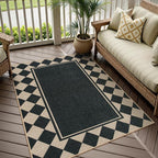 Moynesa Checkered Easy Jute Outdoor Patio Rug 3x5, Washable Indoor Outdoor Rugs for Entryway Non Slip, Farmhouse Carpet for Living Room Bedroom Kitchen Backyard Porches, Black Grid Pattern