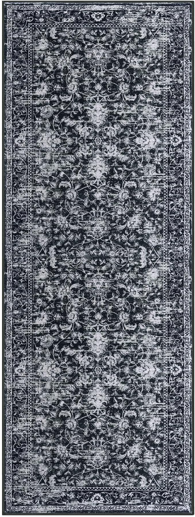 KILOCOCO Washable Runner 2x6 Rug Runner Printed Vintage Floral Kitchen Runners Non-Slip Rubber Backed Runners for Hallways Distressed Thin Soft Rugs for Entryway Laundry Room, Black/Navy/White