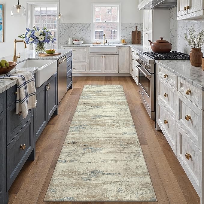 2x8 Runner Rug Washable Beige Brown Abstract Modern Neutral Hallway Carpet Non Slip Soft Low Pile Indoor Kitchen Carpet Contemporary Aesthetic Long Rug Bathroom Bedroom Laundry
